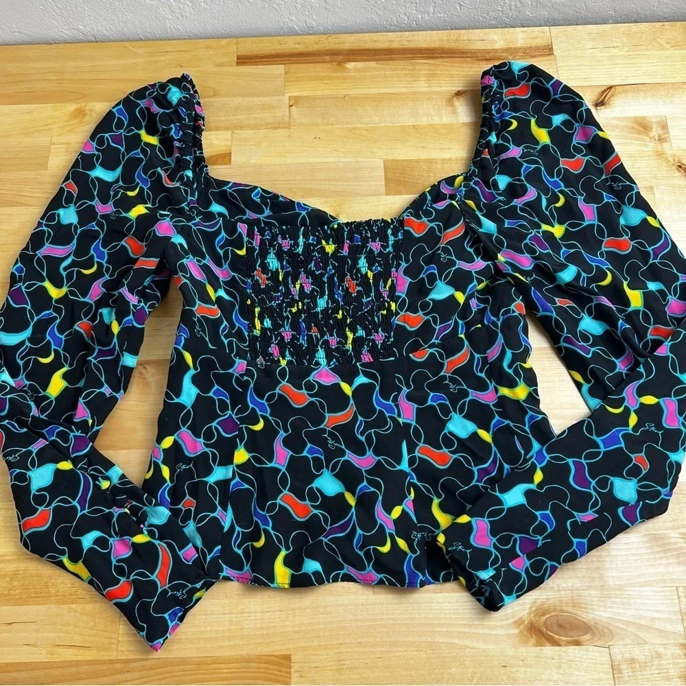 Staud Josephine Black Printed Multicolor Crepe Long Sleeve Sweetheart Top Size 2